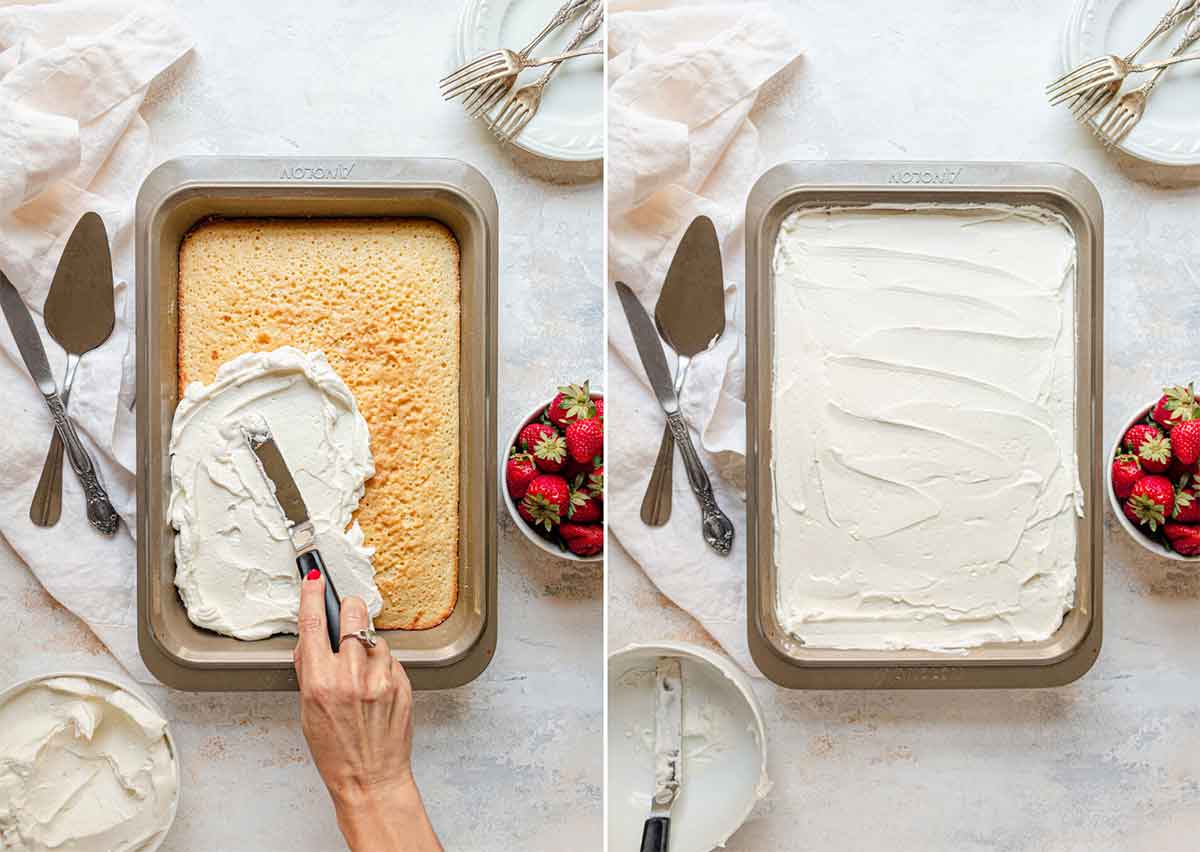 Topping tres leches cake with fresh whipped cream.