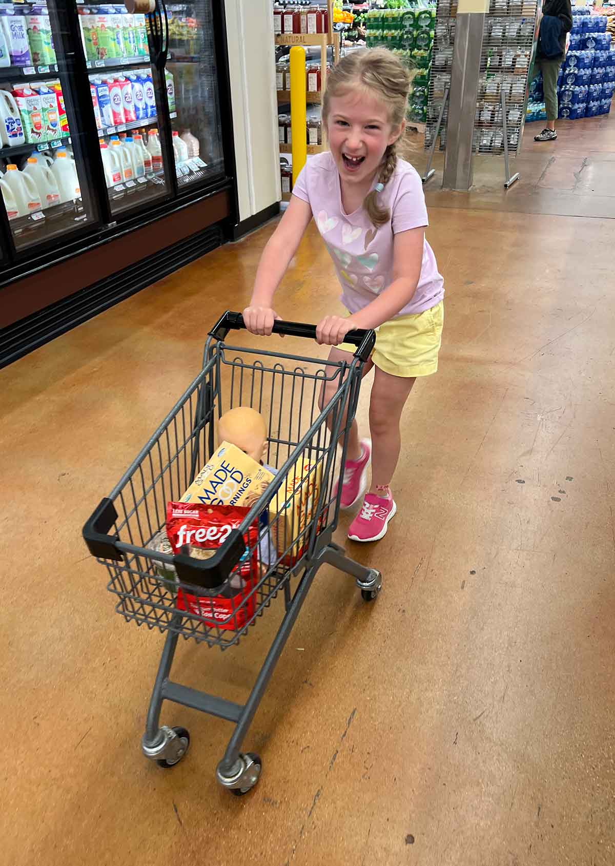 Little girl in shorts, tshirt, and brain pushing a small shopping cart in a grocery store.