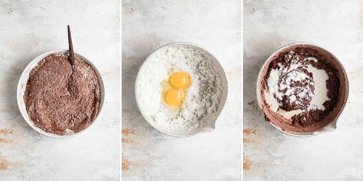 Three photo collage of cookie dough for gobs being mixed together.