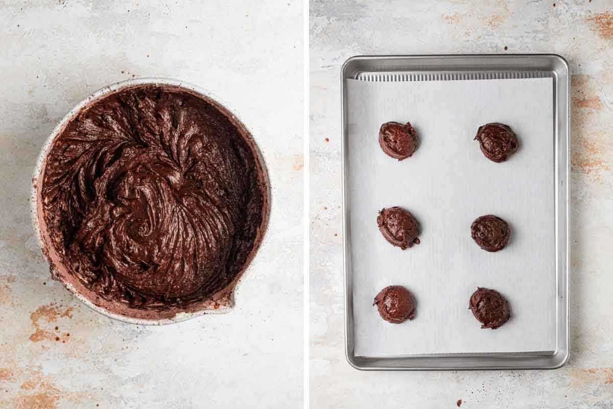 Gob cookie batter in a bowl, next to a baking pan with it portioned out.
