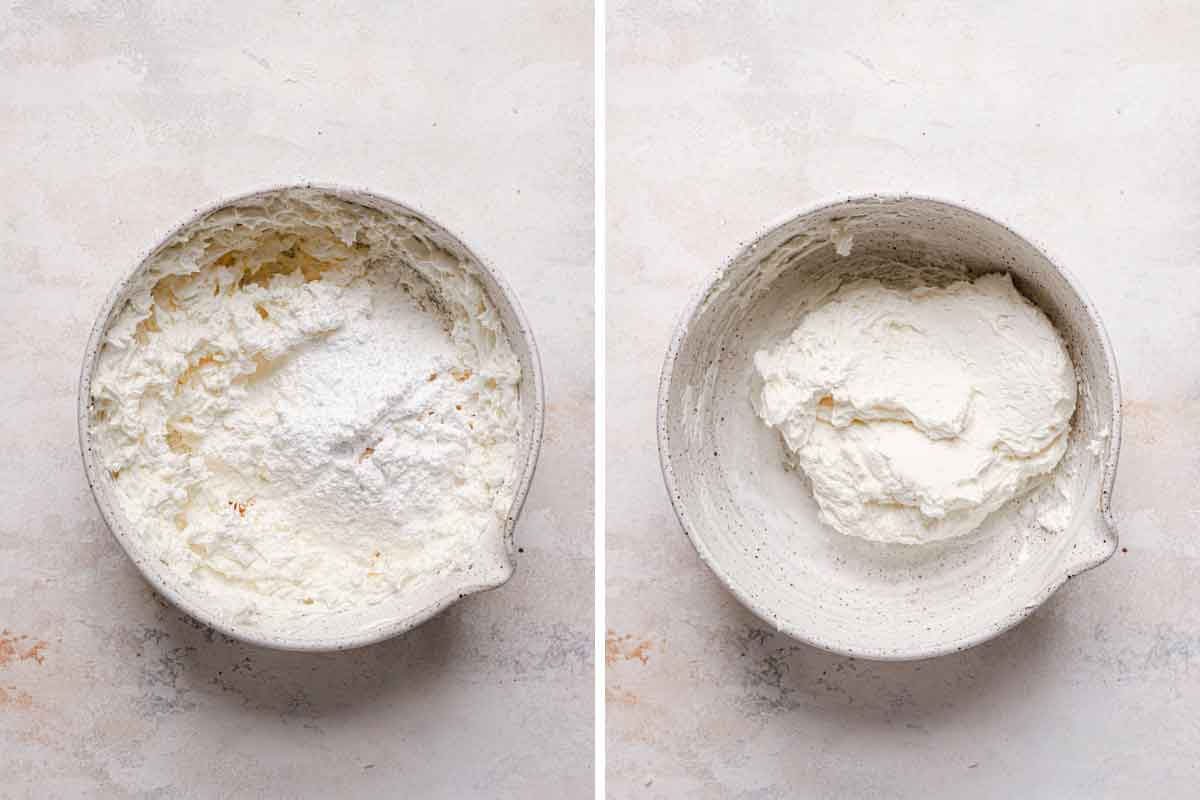 Marshmallow filling for gobs mixed together in a white speckled bowl.