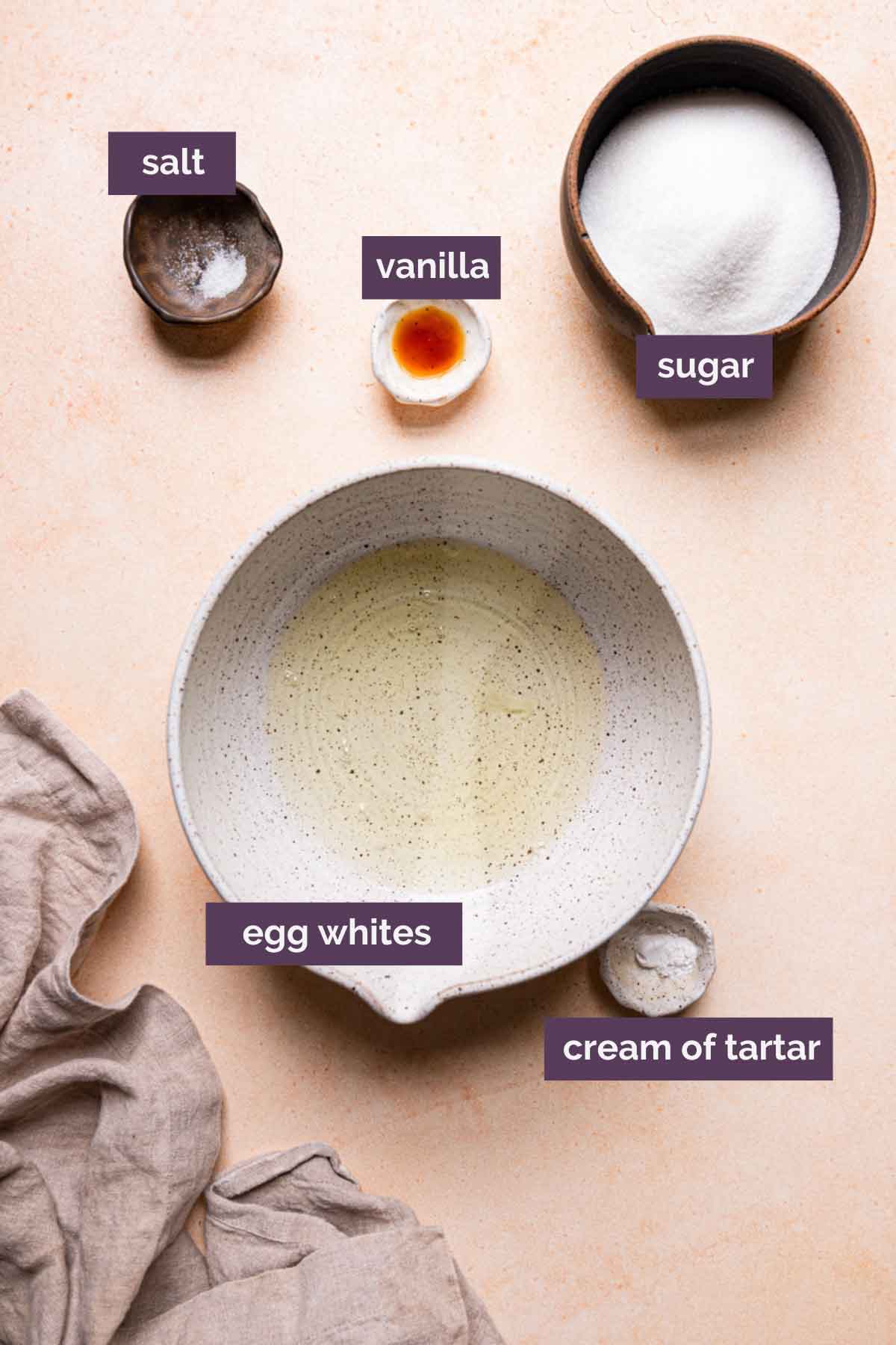 Ingredients for meringue cookies prepped and labeled.