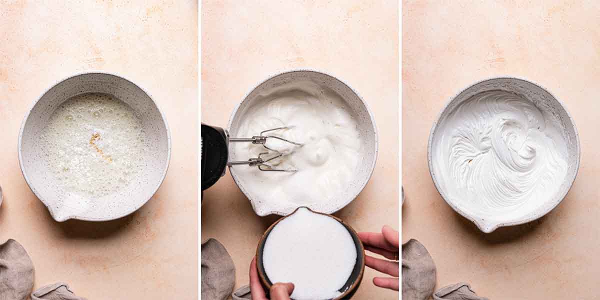Three step-by-step photos on how meringue is mixed together.