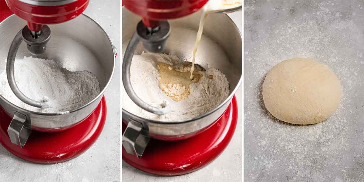 Three photo collage on step by step photos of making the dough for monkey bread.