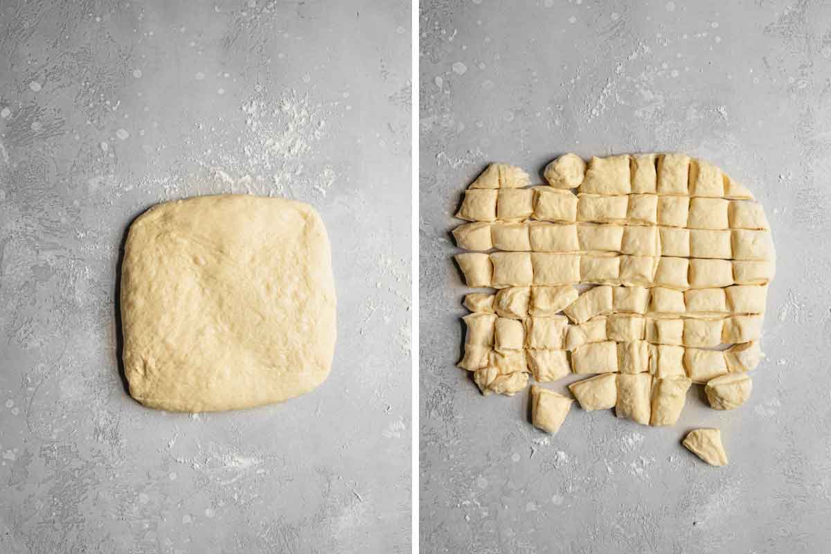 Square of dough for monkey bread cut into bite size pieces.