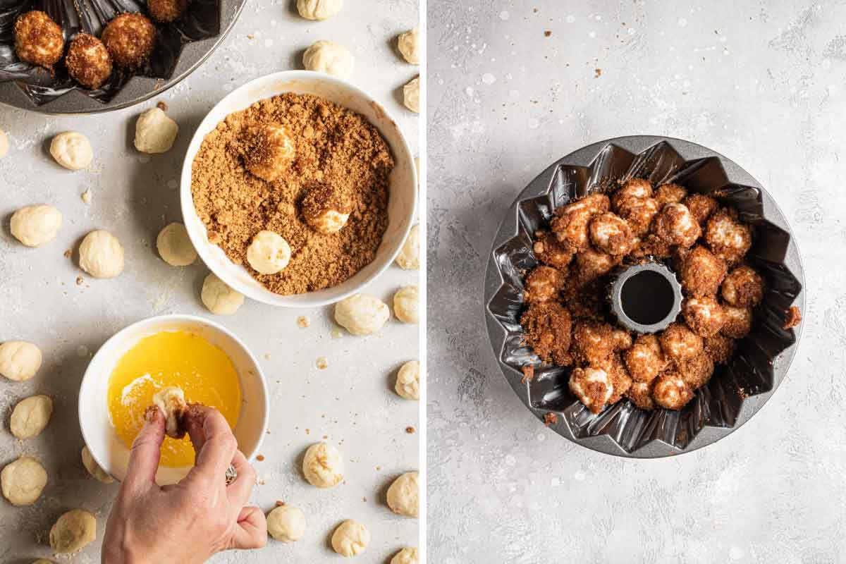 Balls of dough being dipped in melted butter, then in cinnamon-sugar, and layered in a Bundt pan.