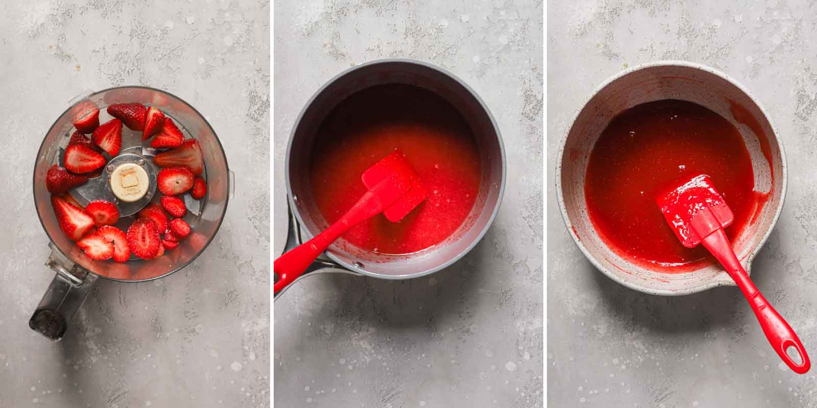 Three photo collage of making homemade strawberry pie filling.