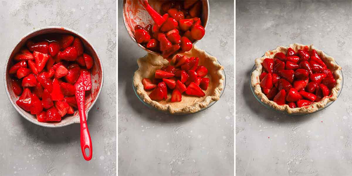 Pouring homemade strawberry pie filling into a blind baked crust.