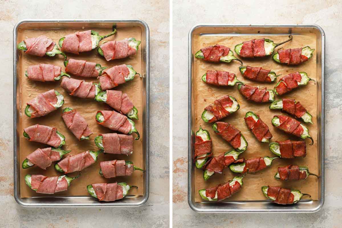 Side by side photos of bacon-wrapped jalapeno poppers prepped on a baking sheet and after baking.