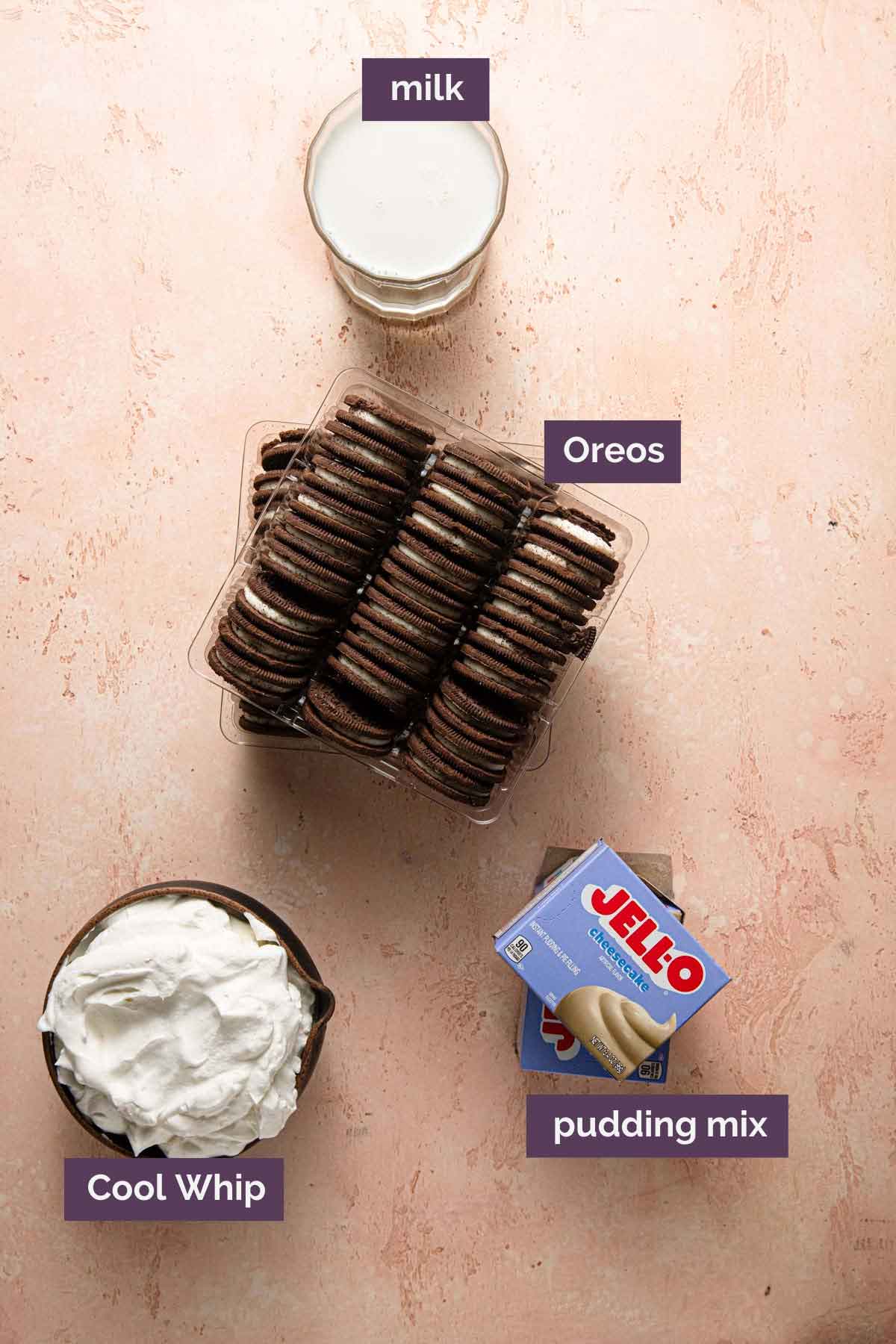 Ingredients needed for Oreo icebox cake prepped and labeled.