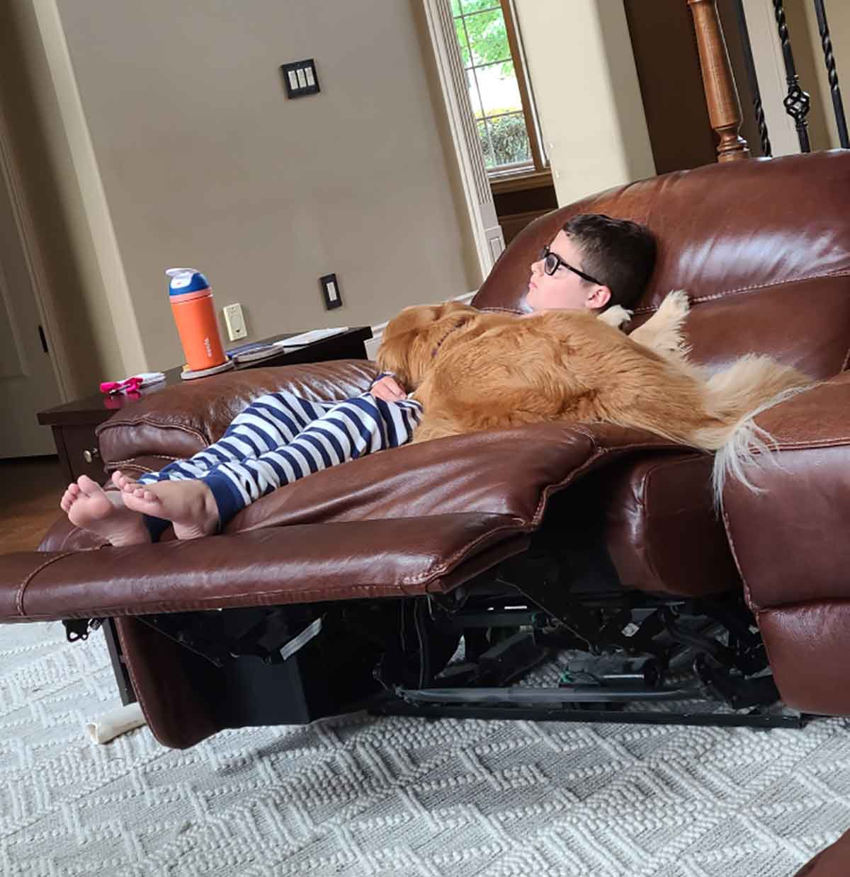 Boy with glasses reclining on a couch with golden retriever laying on top of him.