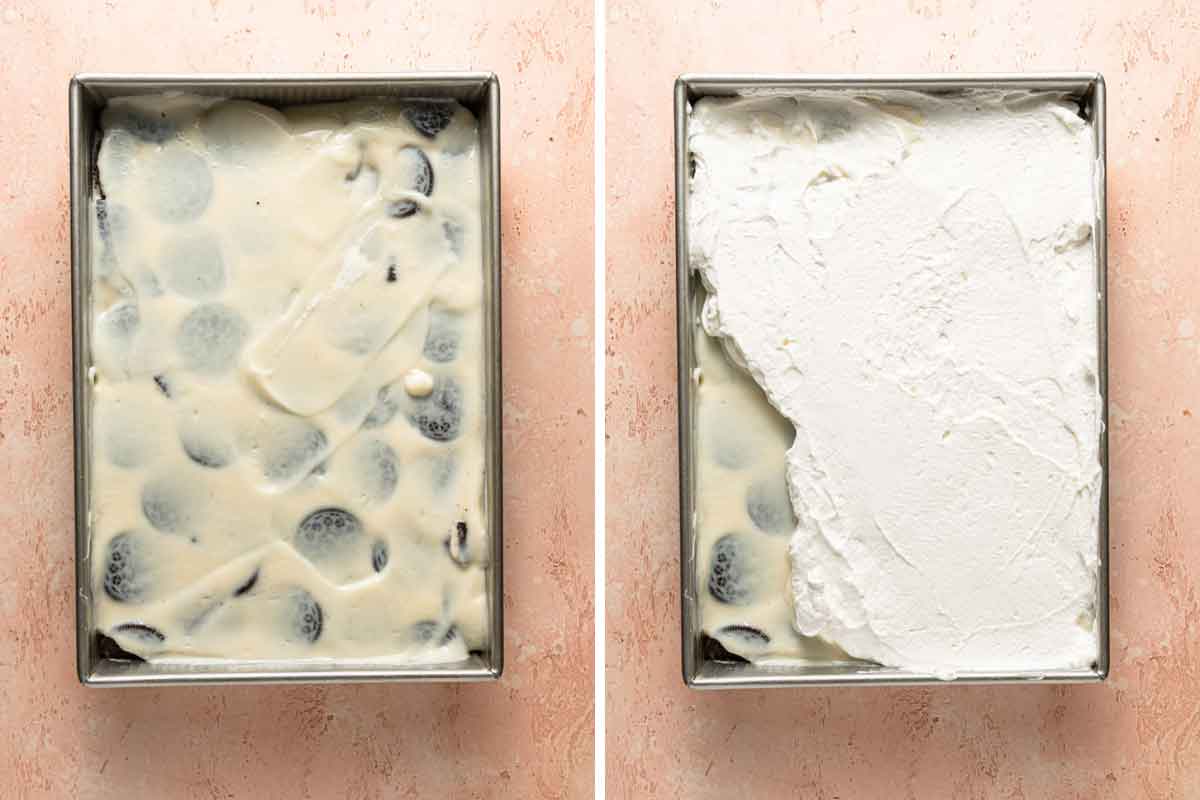Side by side photos of Oreos covered in a layer of pudding, then topped with a layer of Cool Whip.
