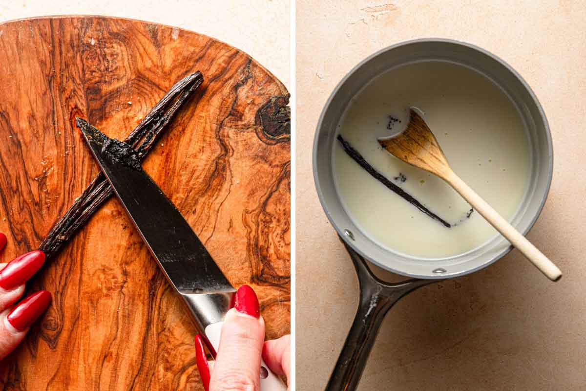 Photo of using a knife to scrape out vanilla beans next to a pot with a cream mixture and vanilla pod inside.