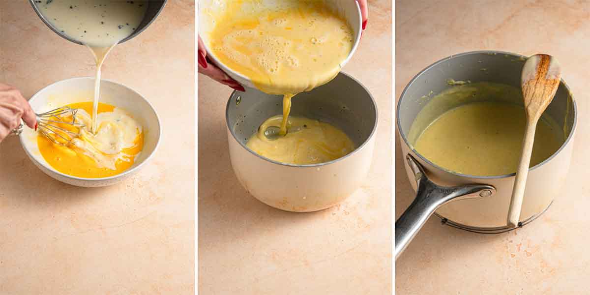 Step-by-step photos of tempering eggs and cooking ice cream custard i a stainless steel pot.