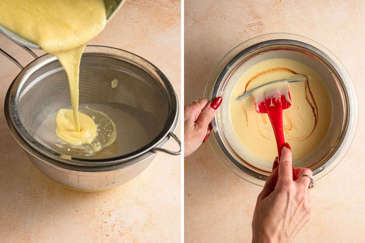 Side by side p hotos of straining ice cream custard mixture and stirring in cream and vanilla bean.