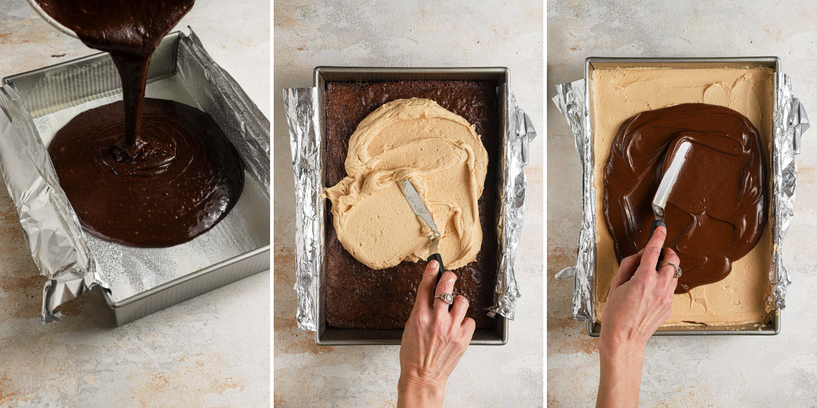 Three side by side photos of brownie batter being poured into a pan, then peanut butter filling spread on top of cooled brownies, then a chocolate ganache spread on top of the peanut butter layer.