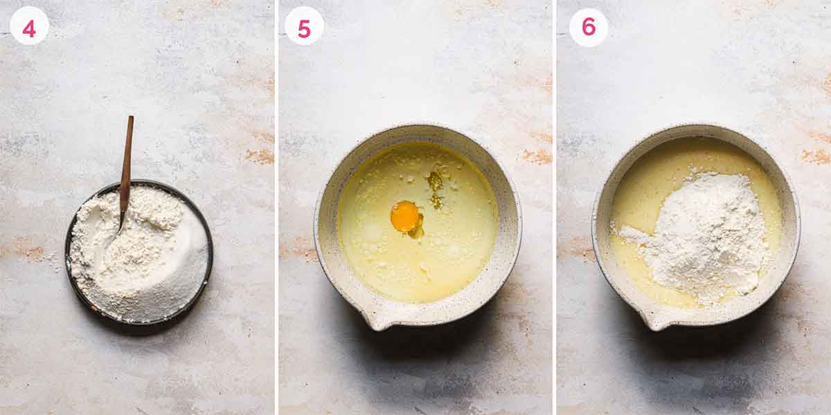 Step by step photos of mixing together the cake batter for French apple cake.