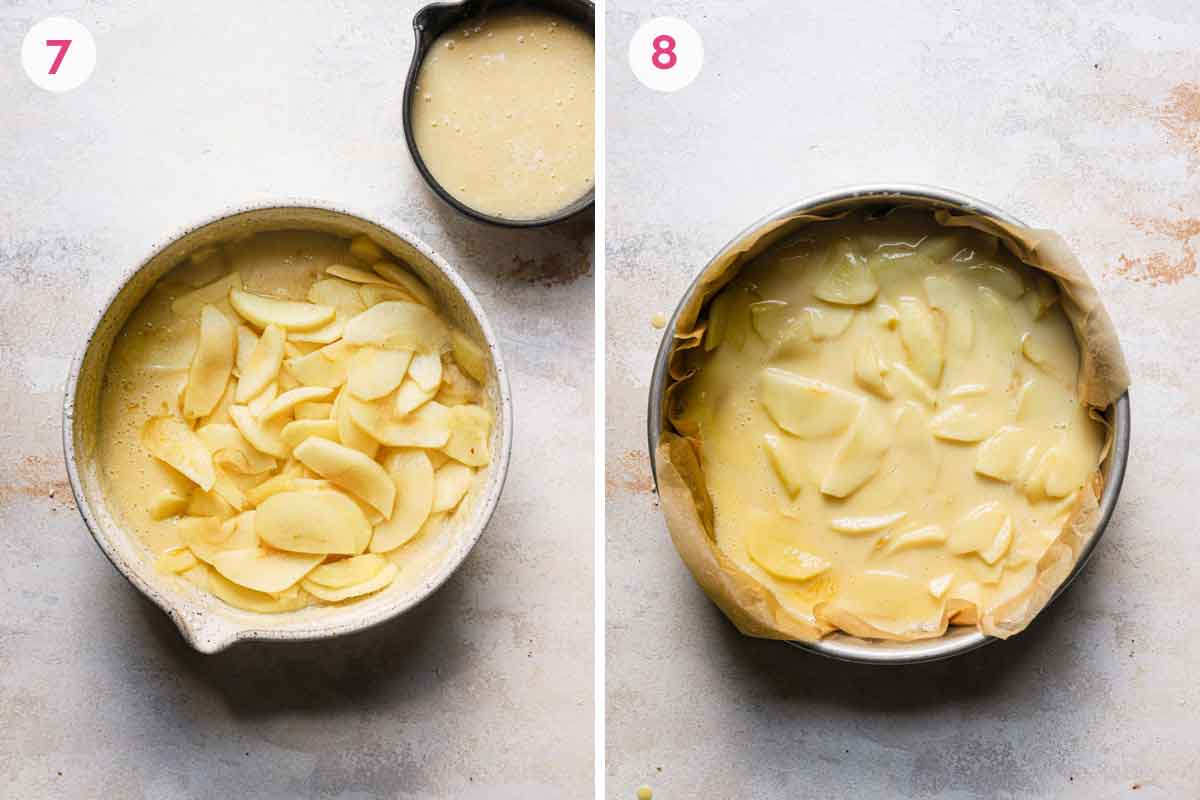 Mixing together the apple custard layer of French apple cake and spreading it in a springform pan.