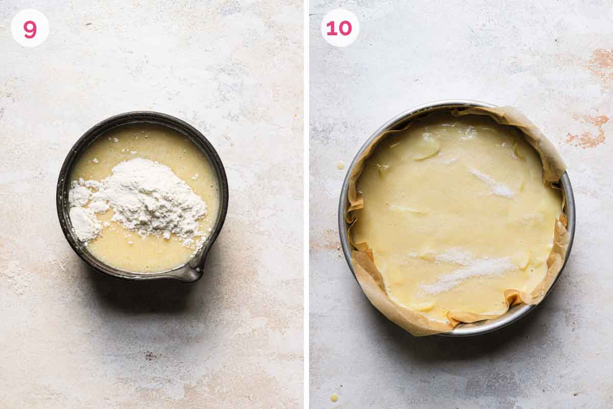 Mixing the final batter for French apple cake, spread it in pan, and sprinkle with sugar before baking.