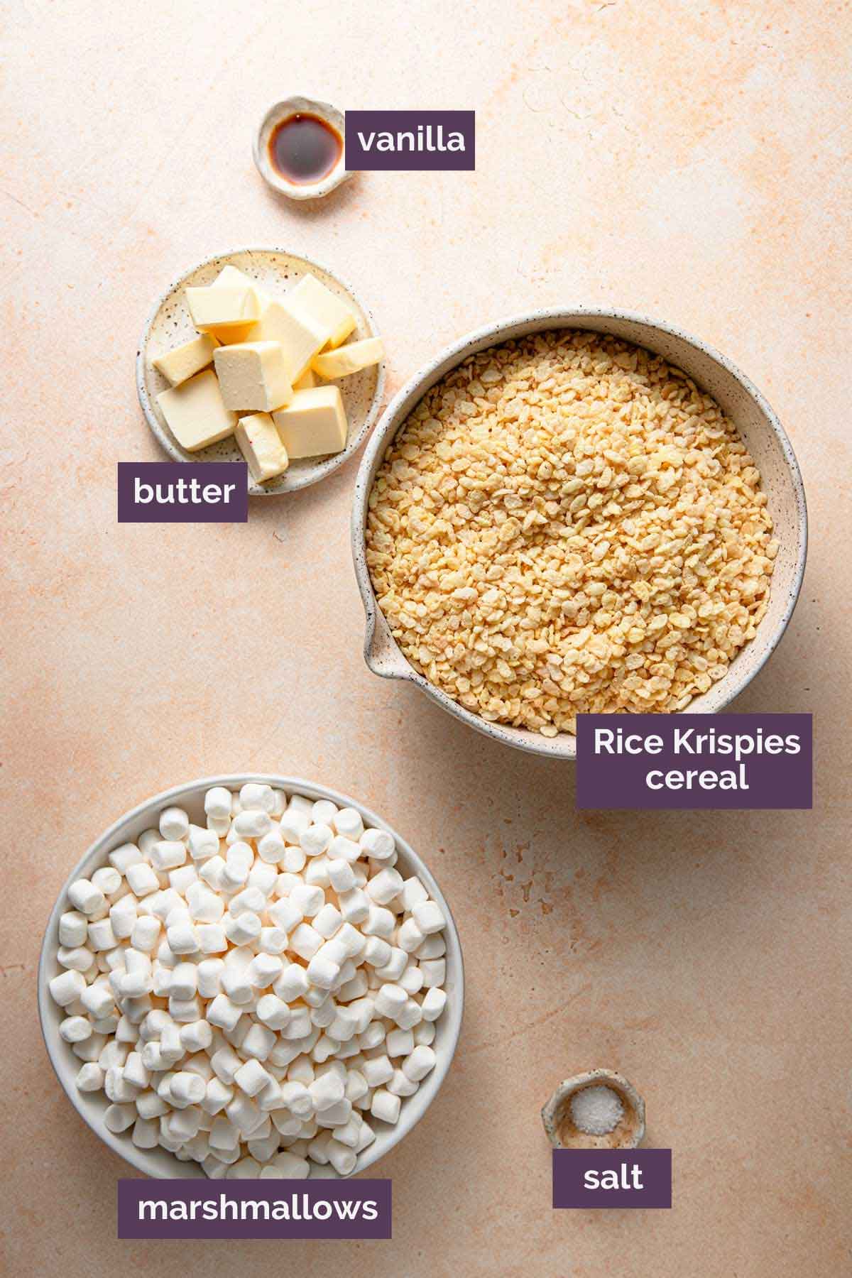 Overhead photo of ingredients for rice krispie treats prepped and labeled.
