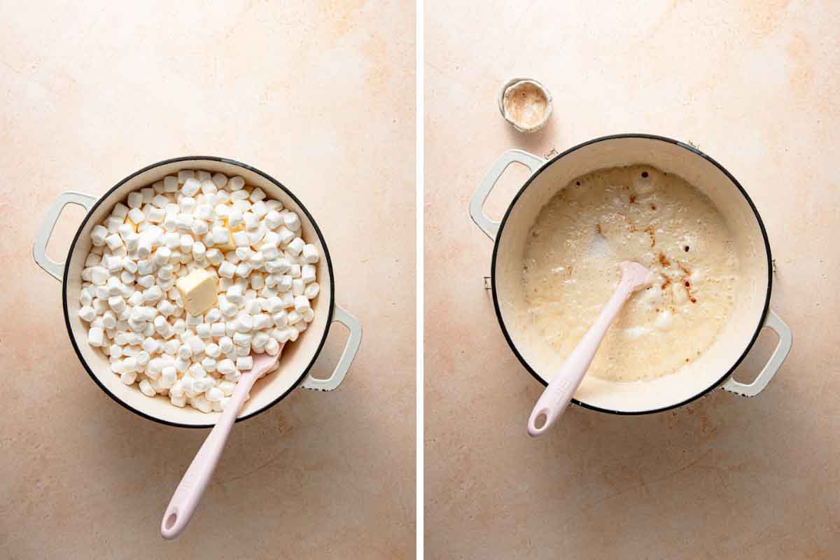 Side by side photos of marshmallows and butter melting down in a white Dutch oven.