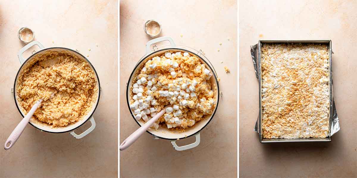 Prep photos for rice krispie treats - rice krispies and extra marshmallows being stirred into the marshmallow sauce and the mixture pressed into a baking dish.