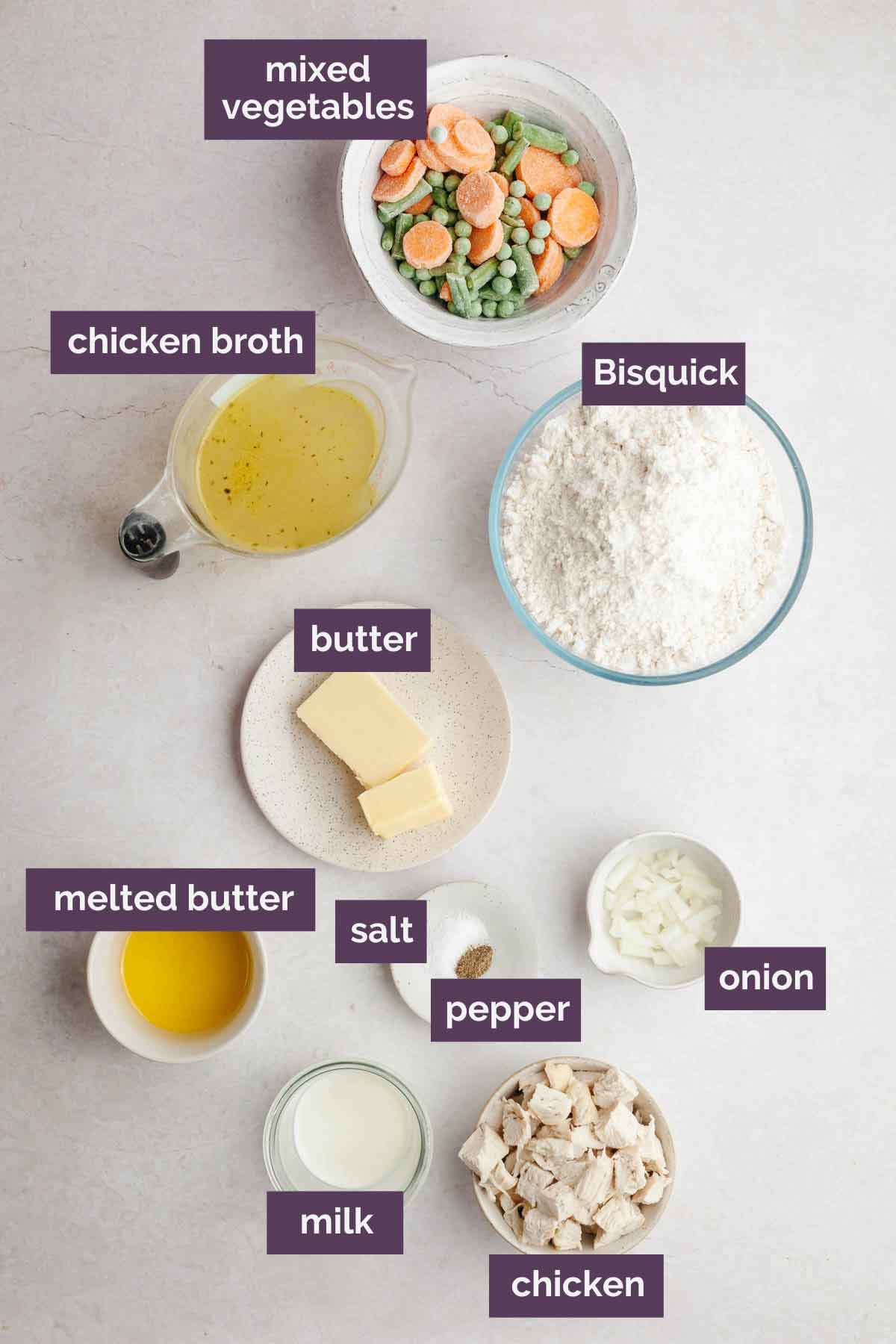 Ingredients for Bisquick chicken pot pie prepped and labeled.