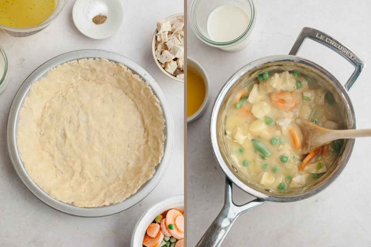 Side by side photos of bottom crust in a pie plate and chicken pot pie filling in a saucepan.
