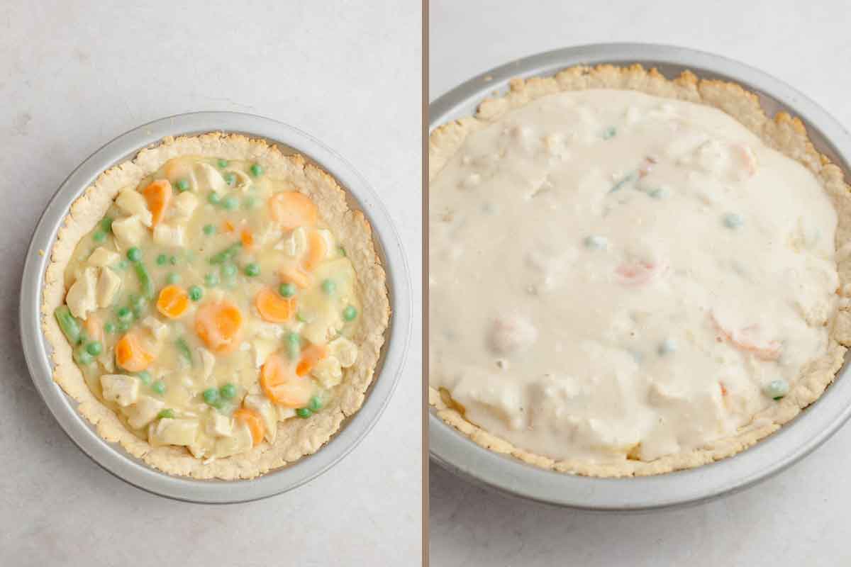Side by side photos of chicken pot pie filling in the pie pan, and then being covered with the top crust.