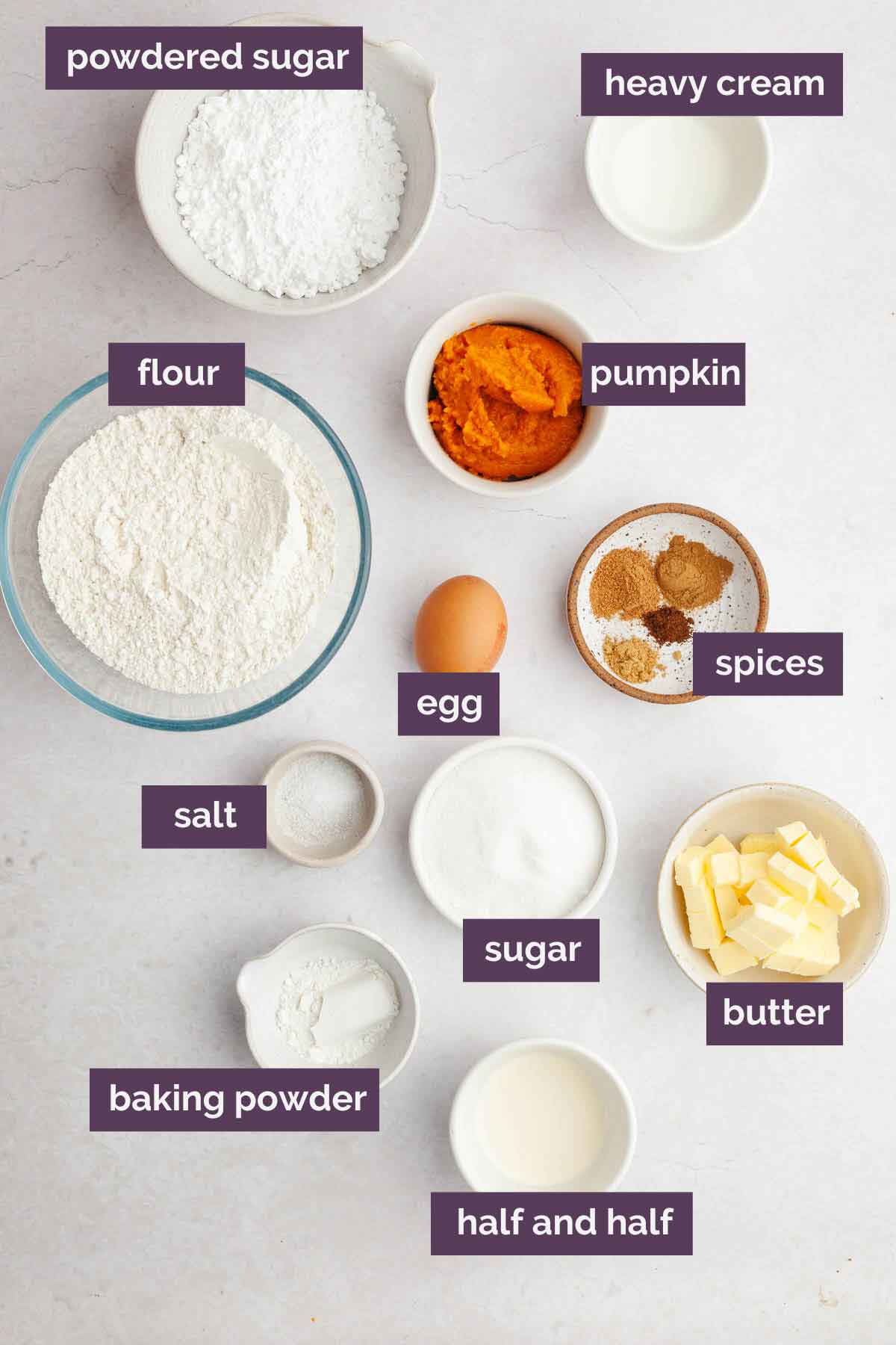 Ingredients for pumpkin scones prepped in bowls and labeled.