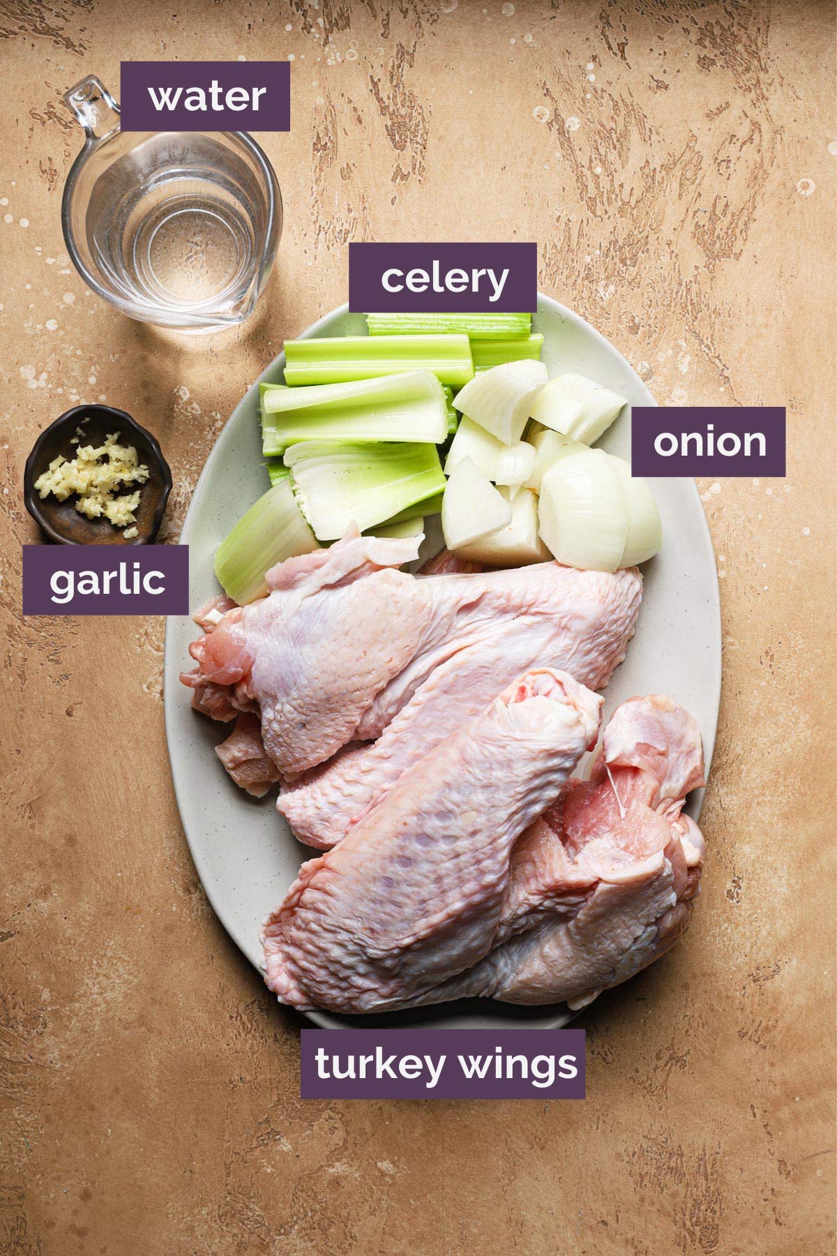 Photo of items needed to make homemade turkey stock - turkey wings, onion, celery, and garlic.