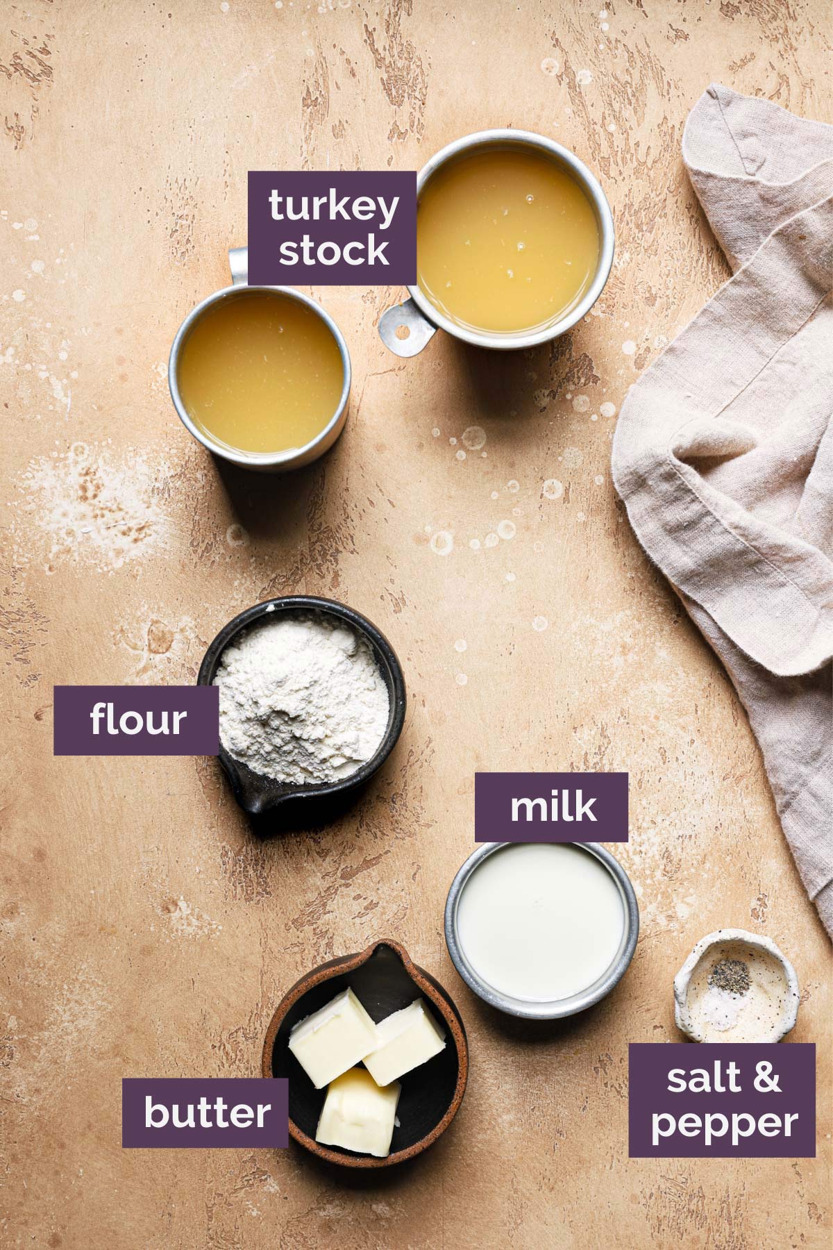 Ingredients for make ahead turkey gravy prepped and labeled.