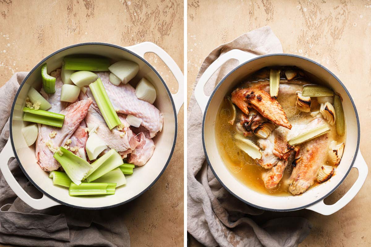 Turkey wings and aromatics roasted in a Dutch oven.