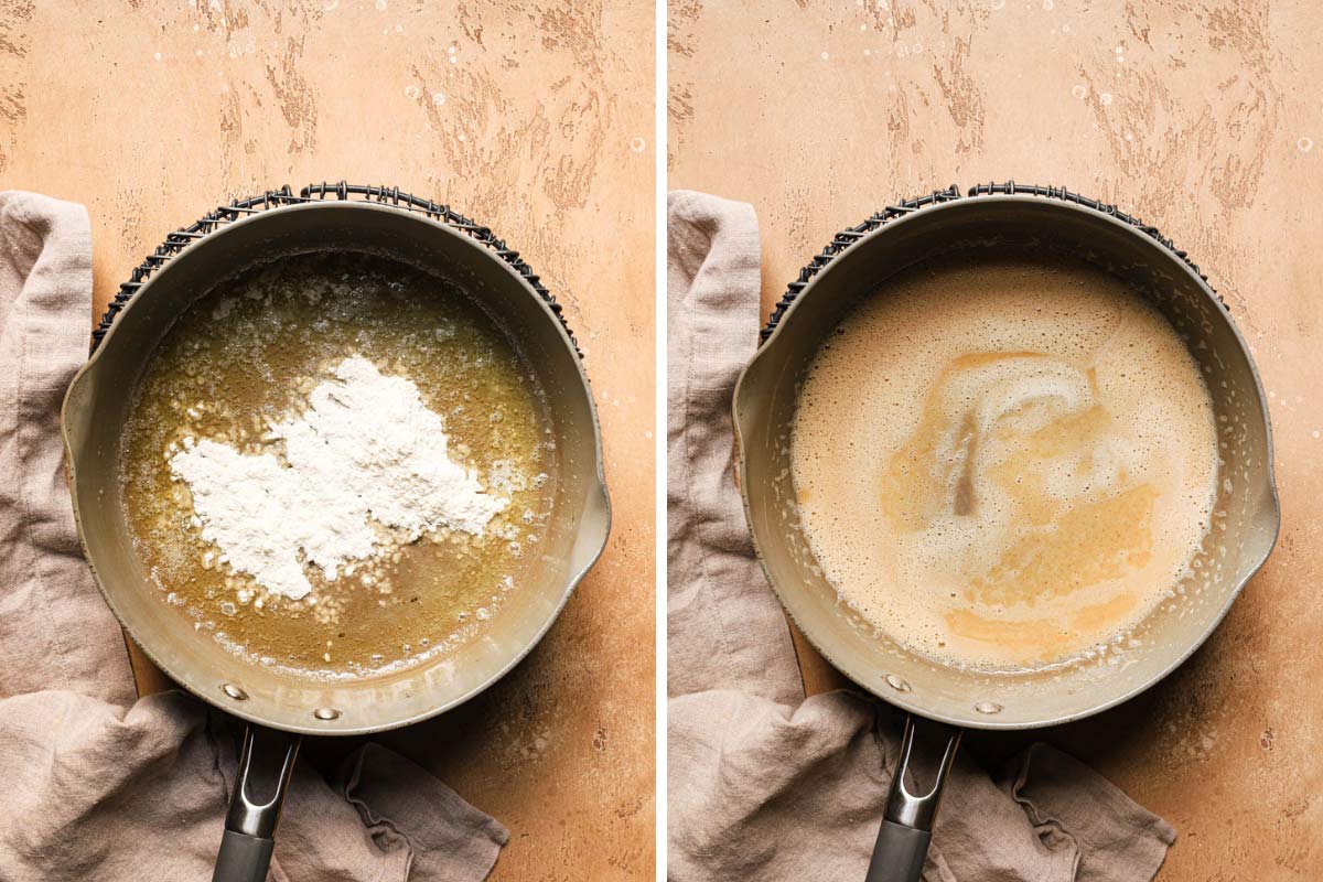 Making the roux for homemade turkey gravy.