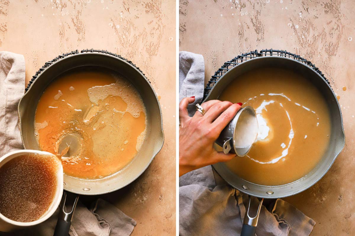 Adding the turkey stock and milk to finish making homemade turkey gravy.