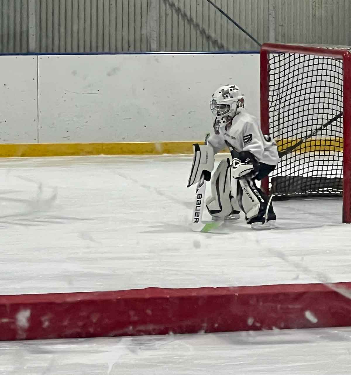 Little boy playing goalie in ice hockey.