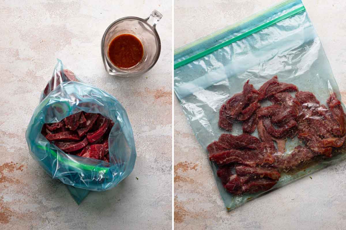 Photo of flank steak with marinade in a gallon ziploc bag.