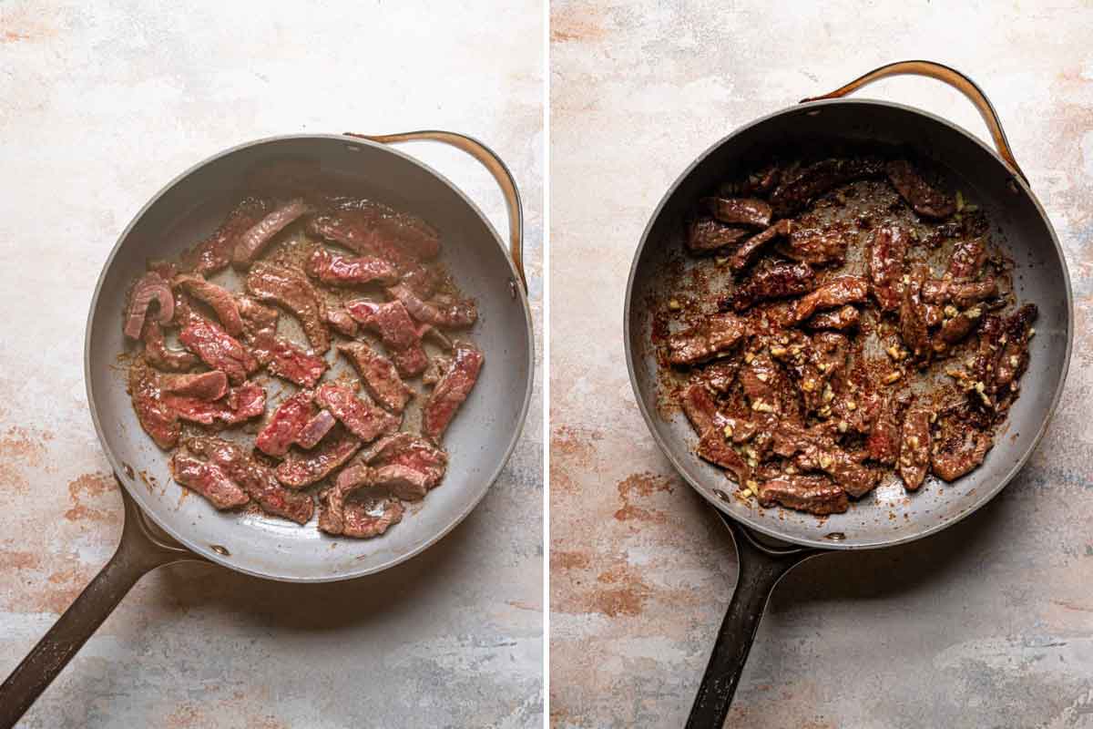 Two photos of flank steak being seared in a pan with garlic and ginger.