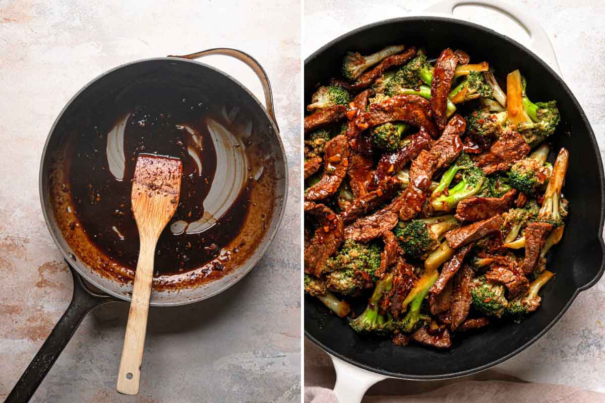 Side by side photos of beef and broccoli sauce being made and the finished recipe in a skillet.