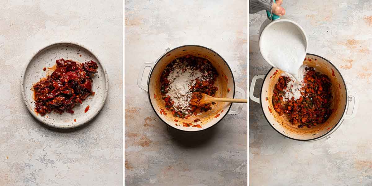 Three photos of chipotle chicken and corn chowder being started.