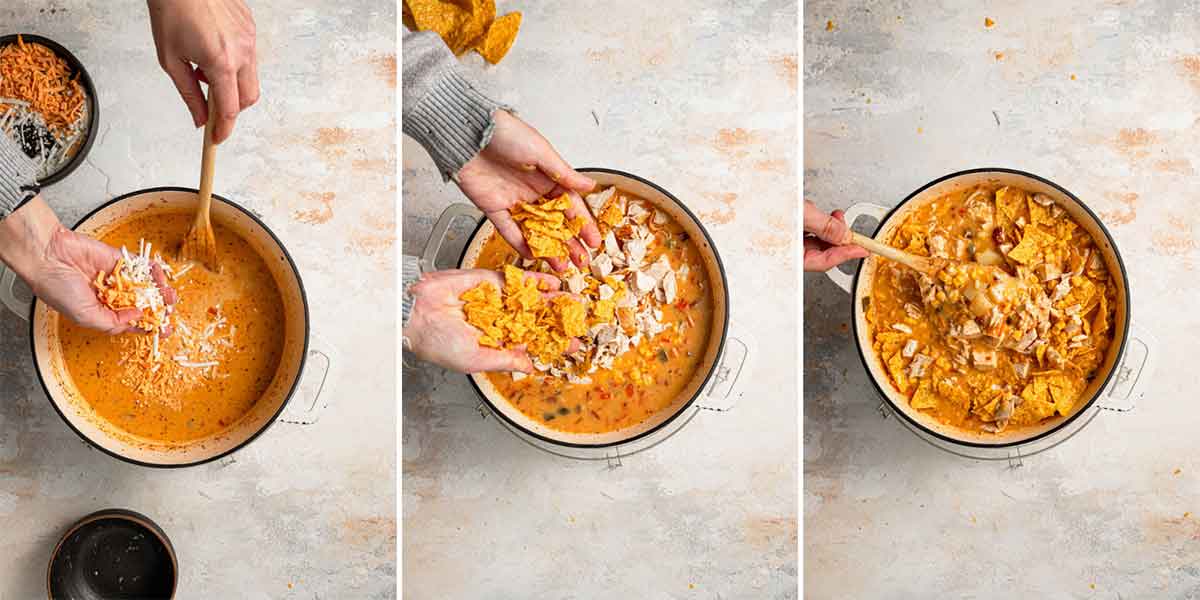 Three step-by-step photos of adding cheese, tortilla chips, and chicken to the soup.