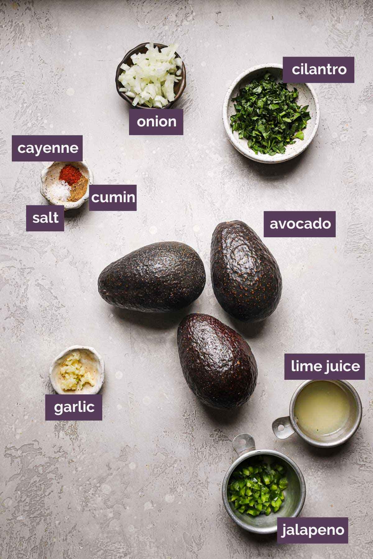 Overhead photo of ingredients for guacamole, prepped and labeled.