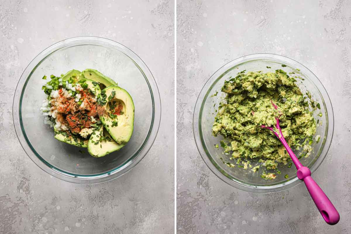 Side by side photos of guacamole ingredients in a glass bowl, and then them all mashed together.