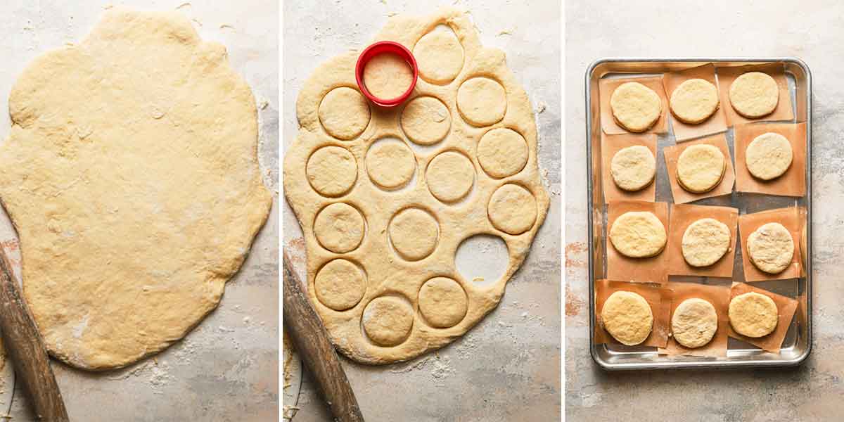 Paczki dough rolled out and cut into rounds with a biscuit cutter, then placed on a parchment-lined baking sheet.