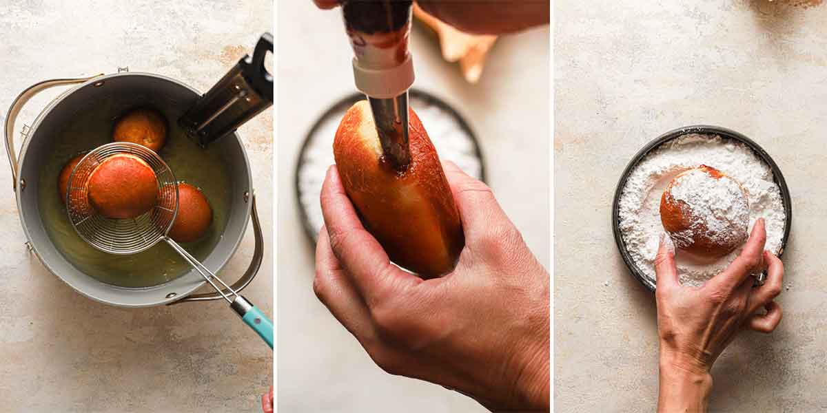 Paczki doughnuts being fried, then filled with fruit preserves and rolled in powdered sugar.