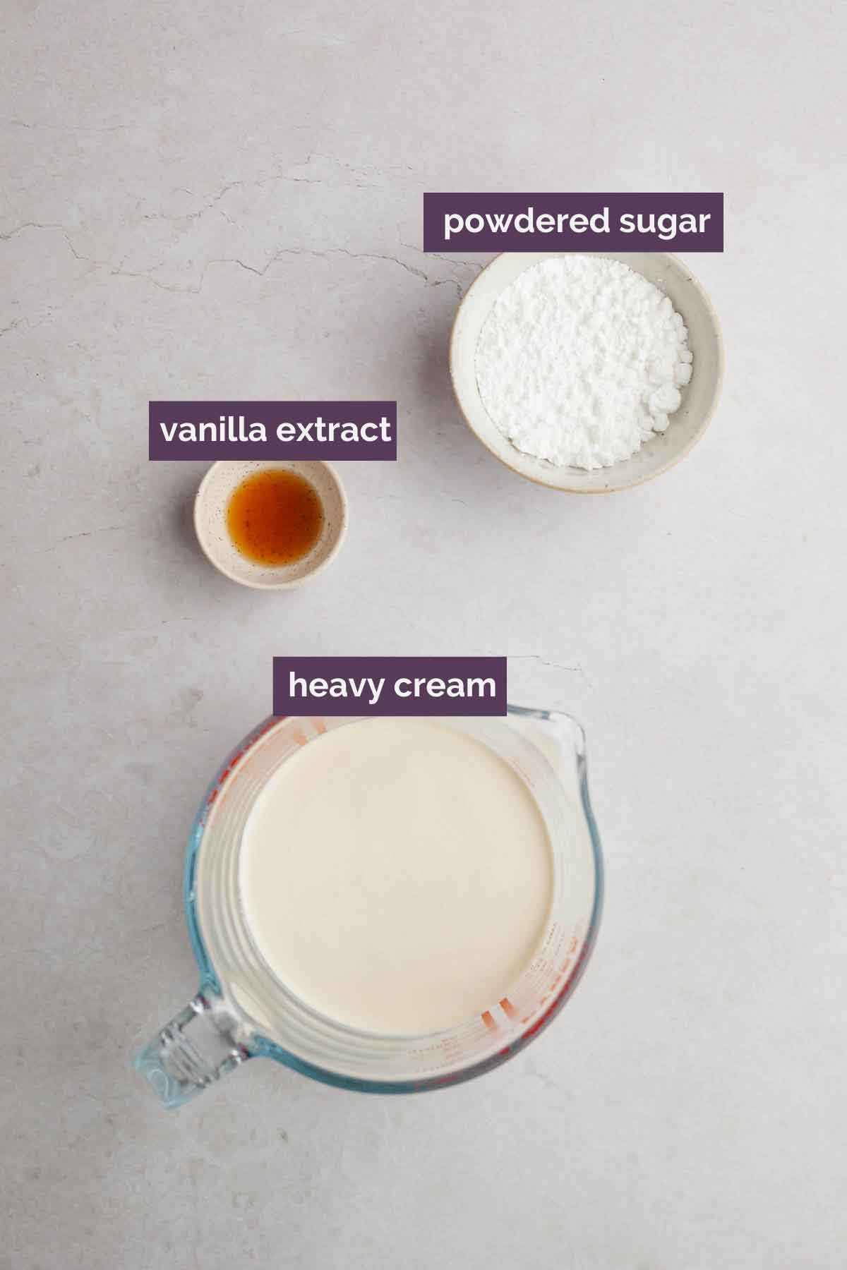 Ingredients for homemade whipped cream prepped and labeled.