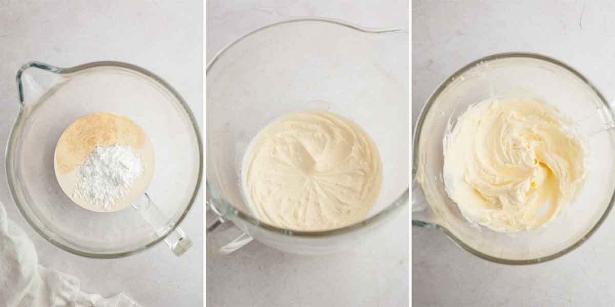 Three side-by-side photos showing whipped cream being made.