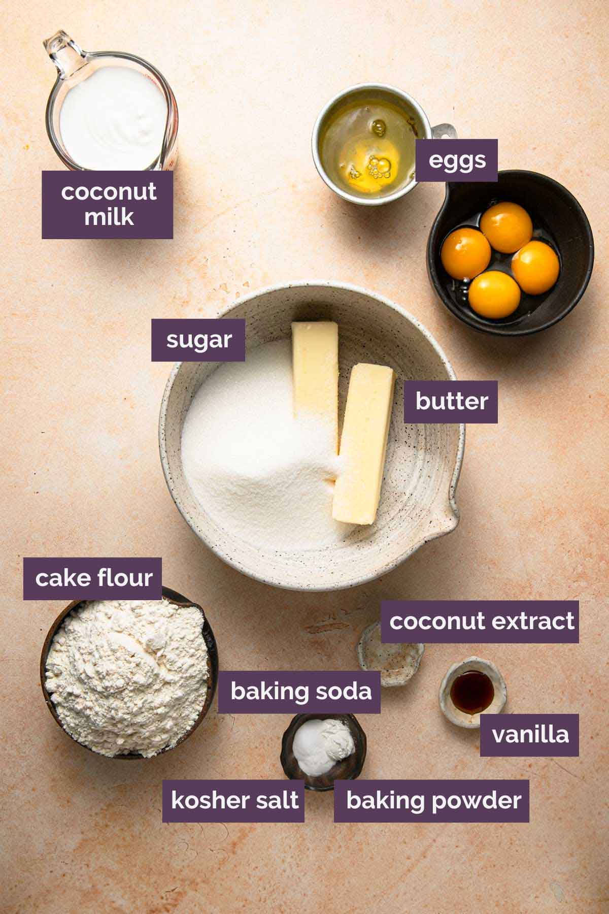 Ingredients for coconut cake prepped and labeled.