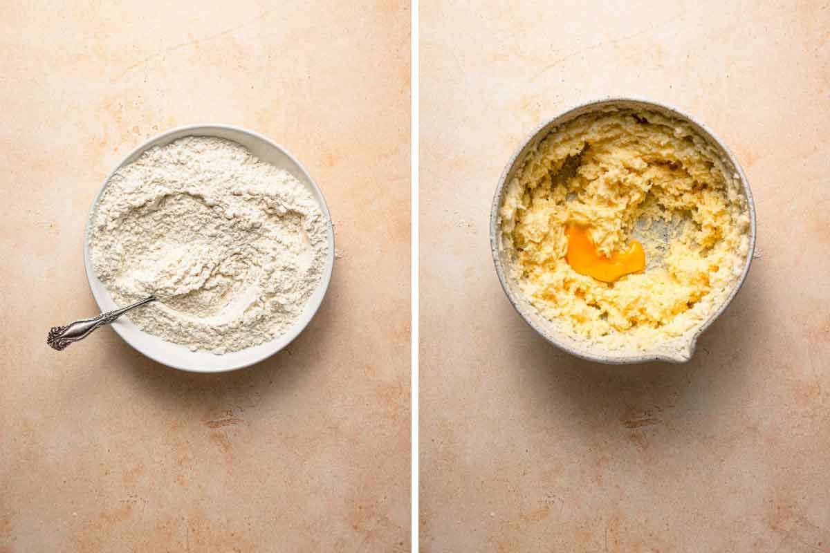 Photos of a bowl of dry ingredients and a bowl of butter, sugar, and egg yolks mixed together.