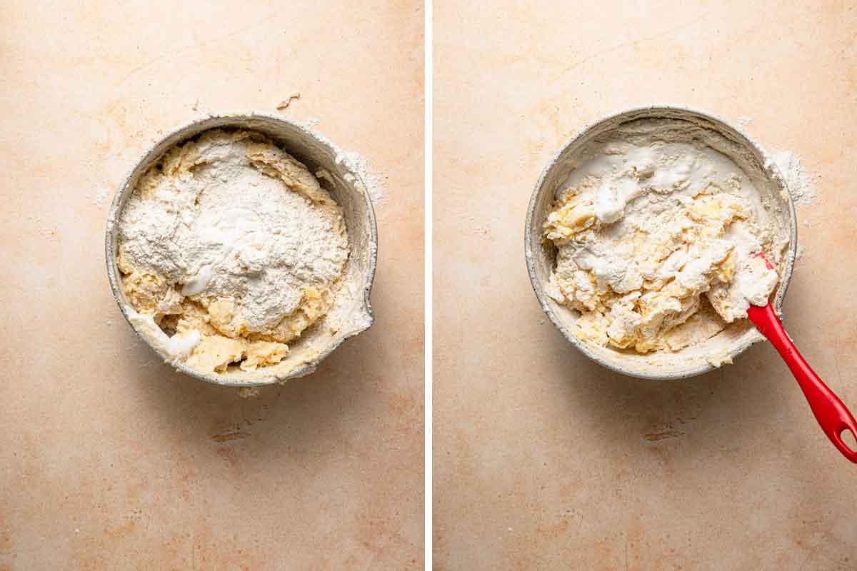 Flour and coconut milk being mixed into the batter for coconut cake.